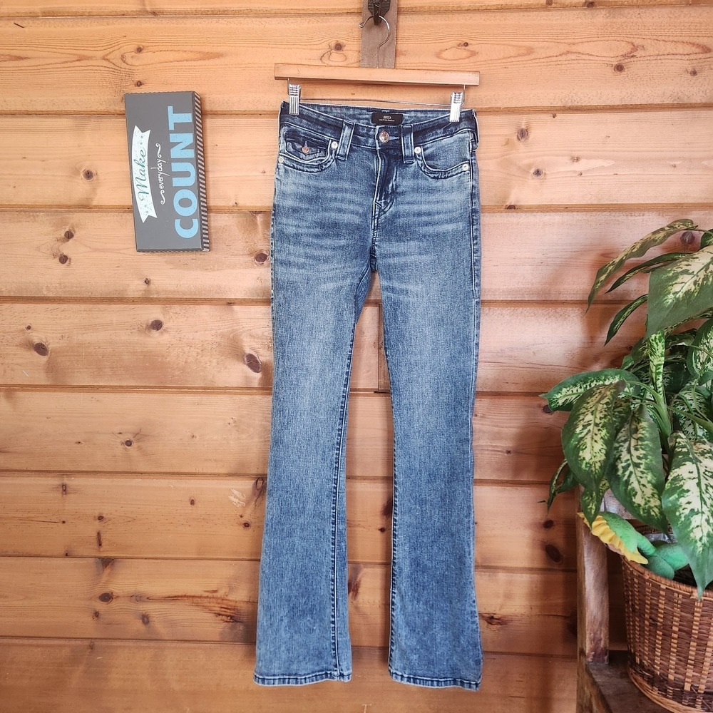 True Religion Becca Mid Rise Flap Bootcut Jean Blue Embroider In Iael Tall Sz 26